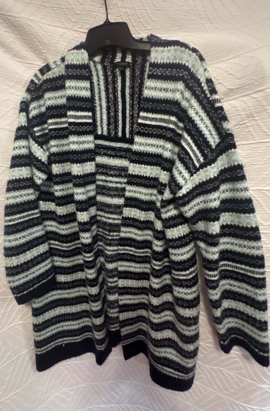 Talbots Open Front Long Cardigan Sweater Navy and Mint Fair Isle Stripe Size L